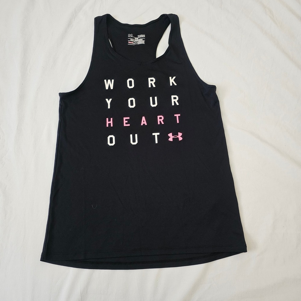 Under Armour Tank Top Girls Large Black Work Your Heart Out HeatGear Athletic